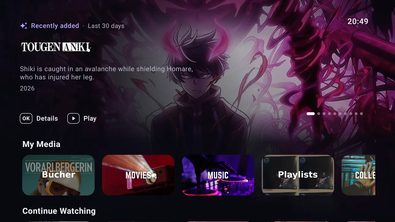 Jellystack TV home with spotlight and media rows